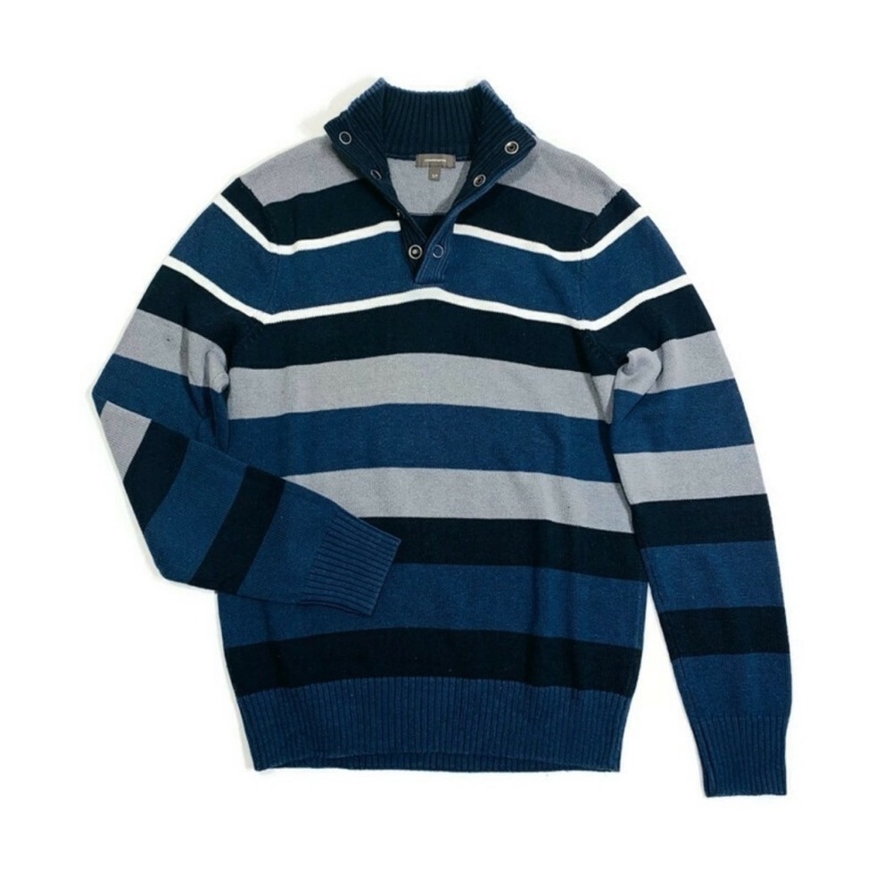 Denver Hayes Blue and Gray Turtleneck quarter snap button Sweater with Stripesโ